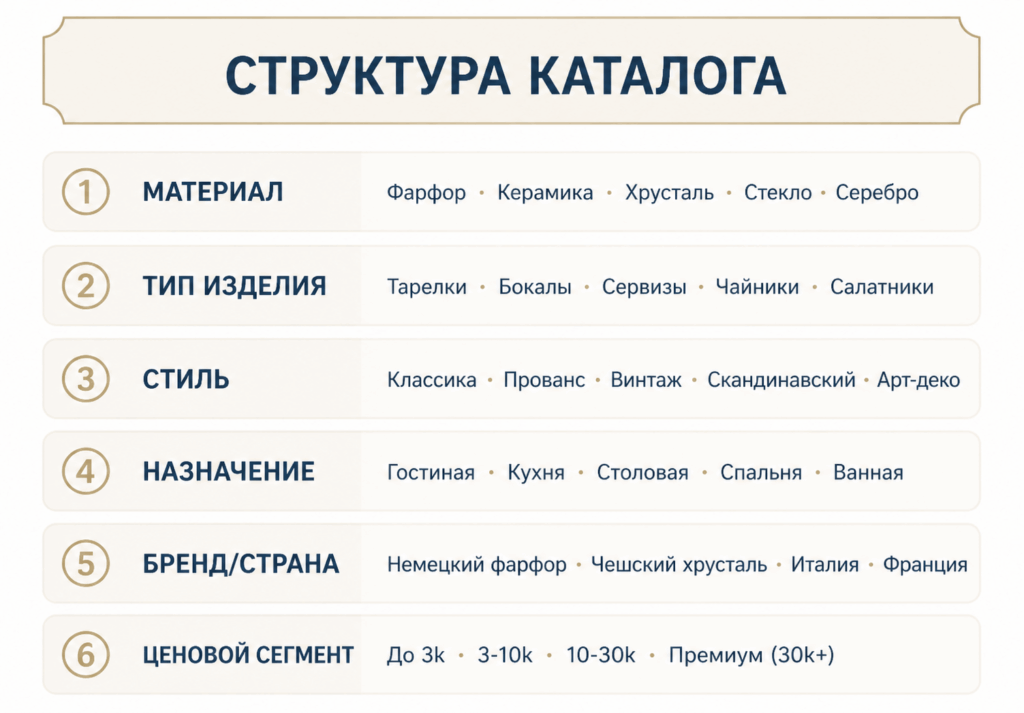 Структура каталога магазина декора по категориям: фарфор, сервизы, винтаж и другие направления